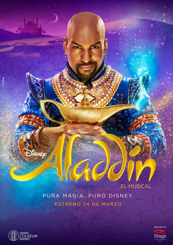 Cartel del musical de Aladdin (Disney) elaborado por Enri Mür Studio, producido por Stage Entertainment y fotografía de Cristina López